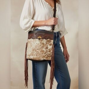 Myra Brown and White Cowhide Leather Shoulder Bag